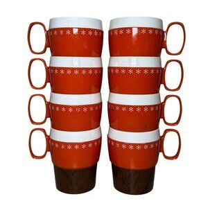 Vintage New-Mar Inc Mid-Century Thermoware Plastic Stacking Mugs Orange Set Of 8